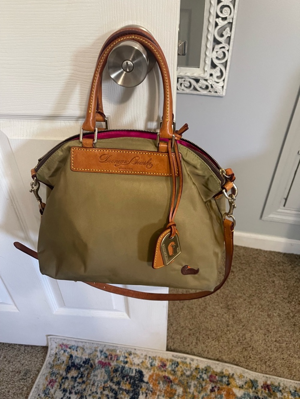 Dooney & Bourke Beige and Tan Nylon Satchel with Pink Lining